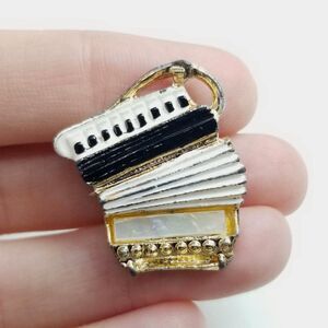 Vintage Acordian Shape Enamel Lapel Pin, Unique Instrument Design, Black White